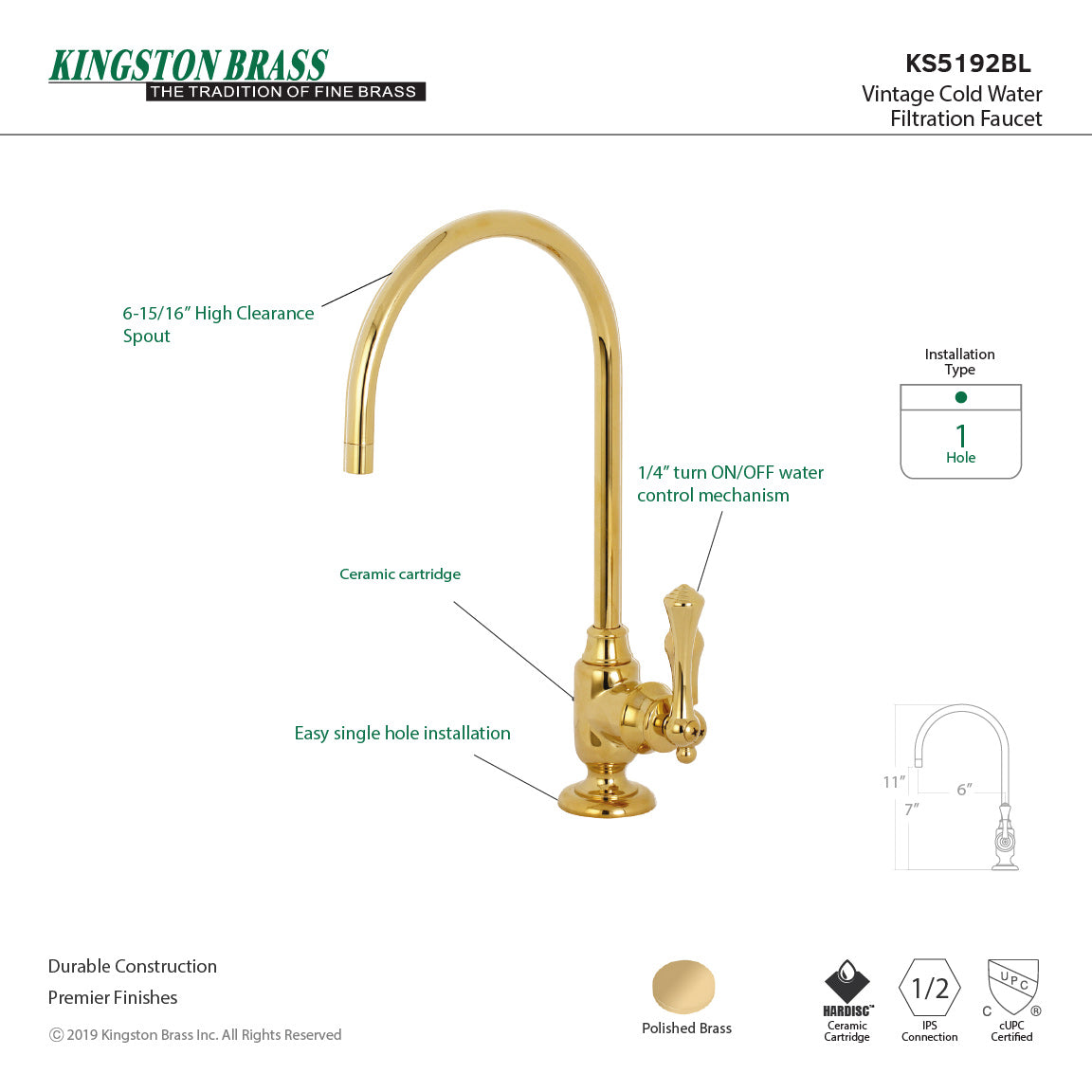 Kingston Tulare KS5192BL - Vintage Single-Handle 1-Hole Deck Mount Water Filtration Faucet, Polished Brass — thumbnail 2